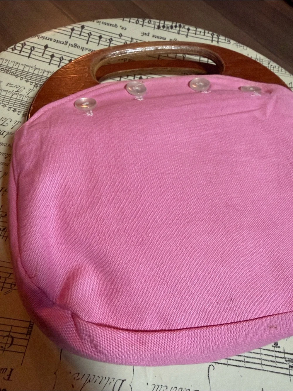 VTG Handmade Wooden Handle Pouch Bag Pink Canvas Red Wool Embroidered Whale